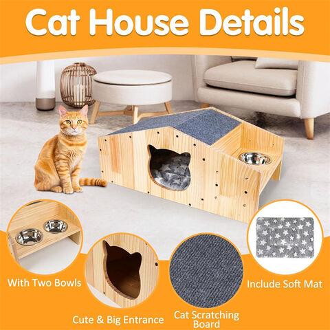 Cama Cueva para Gatos de Madera Duradera con Comedero Integrado y Cojín Lavable, Diseñada para Protección en Todo Clima for sale at factory direct price