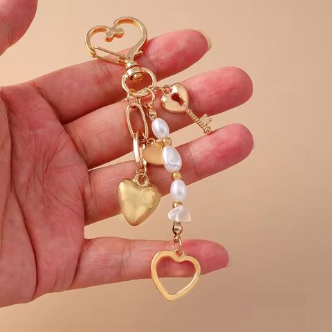 Llavero de Corazón de Amor de Metal Lindo con Perla para Mujeres y Niñas, Colgantes para Bolsos, Accesorios de Joyería Hechos a Mano DIY, Regalos