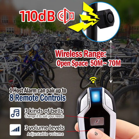 منبه دراجة قابل لإعادة الشحن عبر USB مع مستشعر اهتزاز لاسلكي عن بعد وميزة مضادة للسرقة للدراجات والدراجات النارية