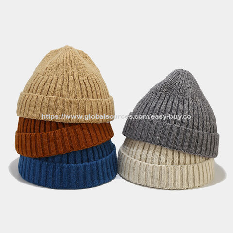 Topi kupluk rajut pria, topi wol trendi pelajar, topi dingin hangat tanpa pinggiran untuk luar ruangan musim gugur dan musim dingin
