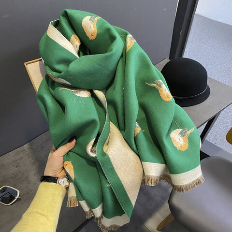 Xale de Inverno Verde Esmeralda para Quarto com Ar Condicionado e Estampa de Pássaro, Combinado com Cachecol Longo Grosso e Quente de Imitação de Caxemira for sale at factory direct price
