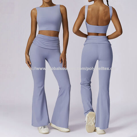 Conjunto de Ginástica Feminino, Calças Flare com Efeito 'Scrunch Butt', Camisola sem Mangas, Roupa de Pilates e Yoga, Fato Casual de Yoga para Mulher for sale at factory direct price