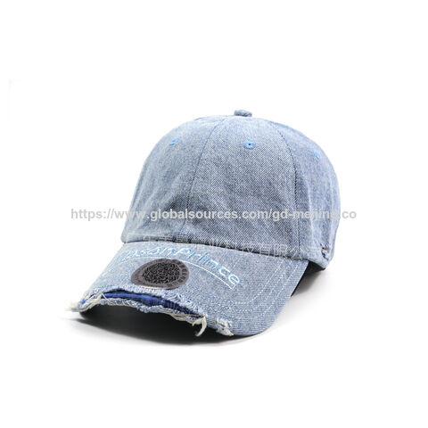 Baseballkappe aus verwaschenem Denim mit individuellem Sticklogo, lässige Dad Hat, breiter, gebogener Schirm, 6-Panel-Kappe