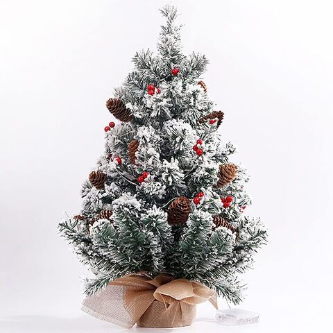 Mini Árbol de Navidad Artificial Blanco Nevado, Árbol de Navidad Pequeño de Mesa de 55 cm con Luces, Bayas Rojas y Pino