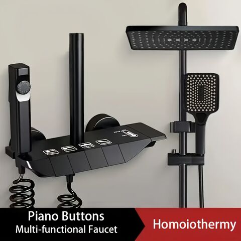 Système de douche à touches de piano à quatre faces avec pomme de tête de pluie, jet monté sur siège et douche à main - Commande thermostatique murale