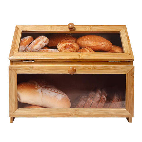 صندوق خبز من الخيزران بطبقتين، صندوق تخزين الطعام بباب أكريليك for sale at factory direct price