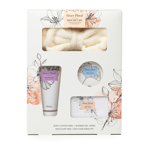 Set de regalo al por mayor para spa de baño. Contiene gel de ducha de 100 ml, loción corporal de 50 ml, jabón de baño de 100 g y diadema. for sale at factory direct price