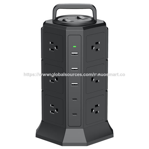 MNUO All-in-1 Schwerlast-Steckdosenleiste Turm für USA mit integriertem Griff - 12 US-Steckdosen, 4 USB-Anschlüsse