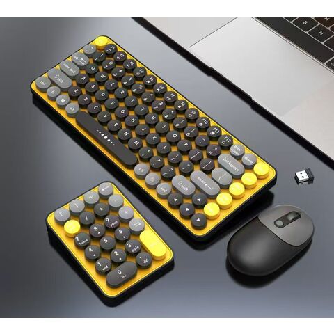Kit de Teclado e Rato Sem Fio USB 2.4GHz Multimédia Padrão Retro para Escritório com Teclas Redondas