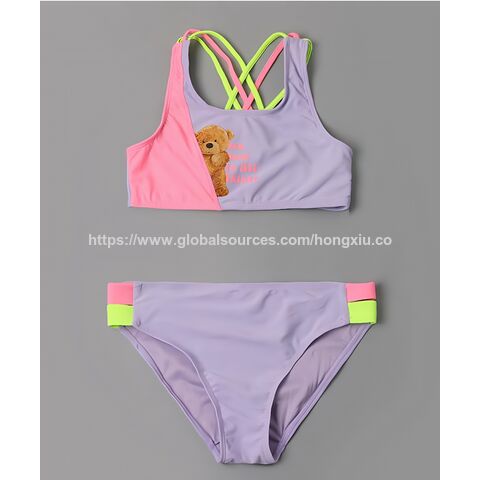 طقم سباحة للأطفال من قطعتين بطبعة دب وأشرطة نيون أرجوانية بالجملة for sale at factory direct price