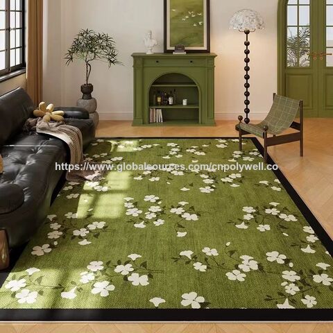 Grüner, klassisch-romantischer Wollteppich mit Kristallvelours und geometrischem Muster für Wohnzimmer mit Sofa und Couchtisch for sale at factory direct price