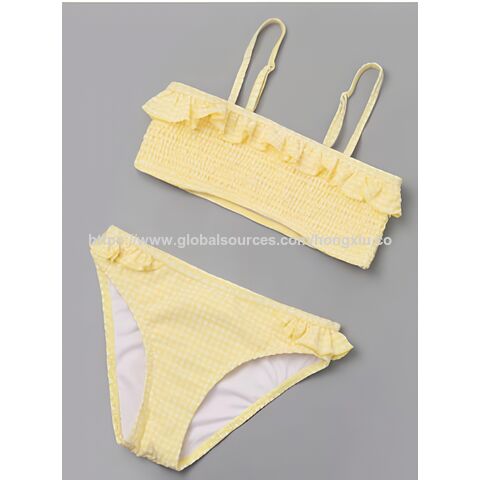 طقم سباحة للأطفال من قطعتين بتصميم كاروهات غينغهام أصفر مكشكش للبيع بالجملة for sale at factory direct price