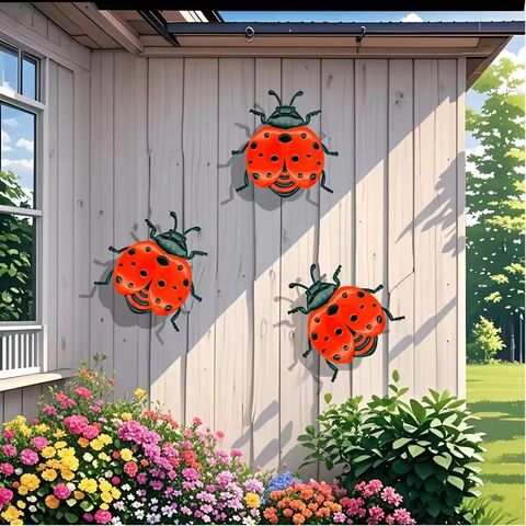 Juego de 3 mariquitas metálicas para decoración de pared, adornos coloridos para jardín, manualidades de metal para interiores y exteriores, decoración vibrante para el hogar