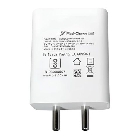 Adaptateur de Charge Rapide Indien 44W USB Type C Compatible avec Vivo V23/V25/V25E/V25 - Prise Indienne