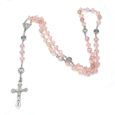 Colar Católico Religioso Mais Vendido Contas de Cristal Rosa de 8mm Terço Católico com Pingente de Crucifixo Cor Prata para Mulheres for sale at factory direct price