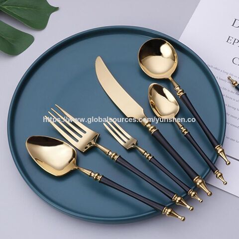 Hochzeitsbesteck, schwarz-goldenes Löffel- und Gabelset, Edelstahl-Geschirrset, Restaurantgeschirr, goldene Hotelutensilien for sale at factory direct price