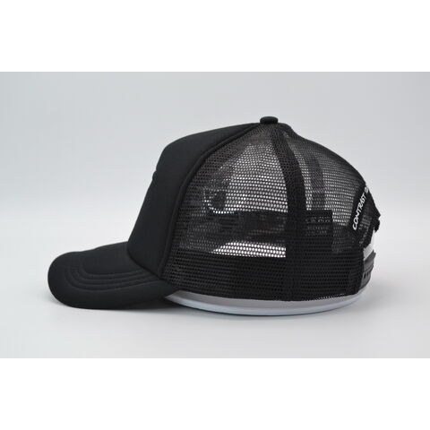 Casquette de camionneur noire 6 panneaux en maille de haute qualité, semi-courbée, avec bordure brodée tissée personnalisée