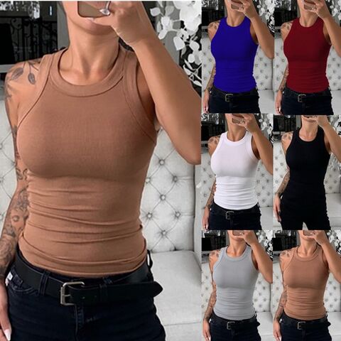 Débardeurs de sport courts en maille côtelée de qualité pour femmes avec logo personnalisé, hauts de yoga sans manches, coupe ajustée, débardeurs de fitness de sport unis pour femmes