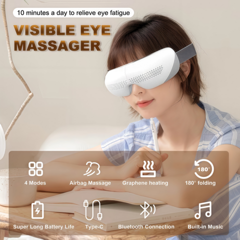 Venta al por mayor de fábrica Etiqueta privada 4d Acupuntura Cuidado visible de los ojos Calmante Música Bluetooth eléctrica Calefacción Masajeador visual de ojos