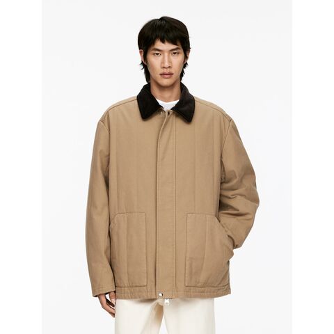 Custom wholesale men's high-quality quilted canvas jacket with a corduroy collar for sale at factory direct price