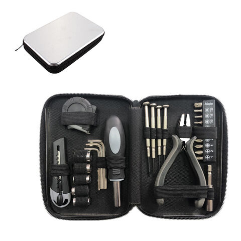 Jeu d'outils de quincaillerie en fer blanc de 27 pièces, cadeau promotionnel avec logo, boîte en fer blanc et doublure en tissu Oxford, idéal pour la maison et le bureau