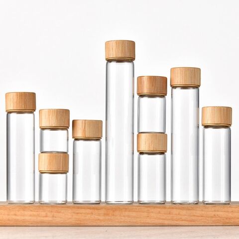 Frasco de armazenamento de tubo de vidro de borossilicato alto por atacado para especiarias, doces, chá, comprimidos com tampa de bambu de madeira de parafuso