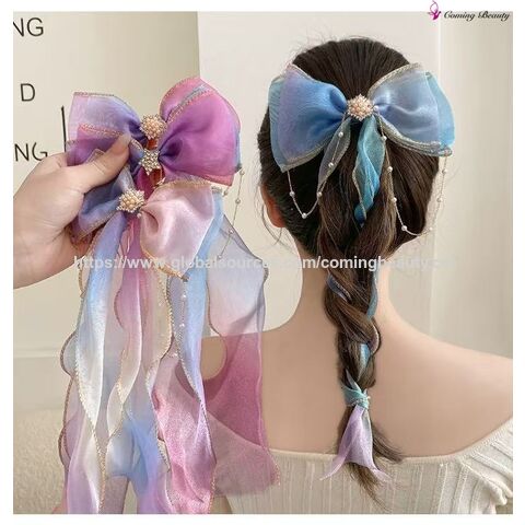 Grosir Klip Rambut Jalinan Pita Busur Manis untuk Anak Perempuan Putri Kecil Jepit Rambut Pita Panjang Aksesori Bunga Rambut untuk Pesta for sale at factory direct price