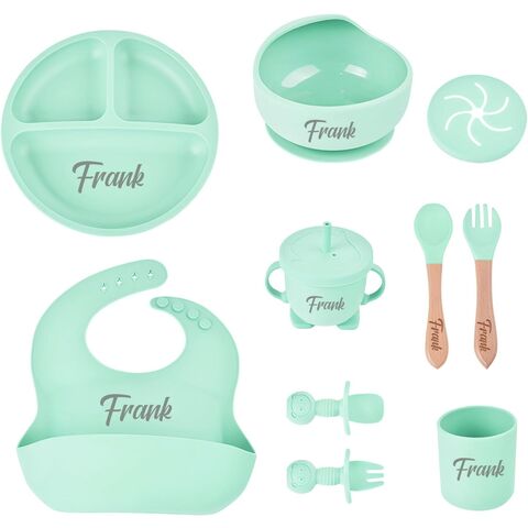 Ensemble de Repas Personnalisé en Silicone pour Bébé avec Nom, Ensemble de Sevrage Personnalisé pour Bébé, Vaisselle d'Auto-Alimentation avec Cuillère, Fourchette, Silicone for sale at factory direct price