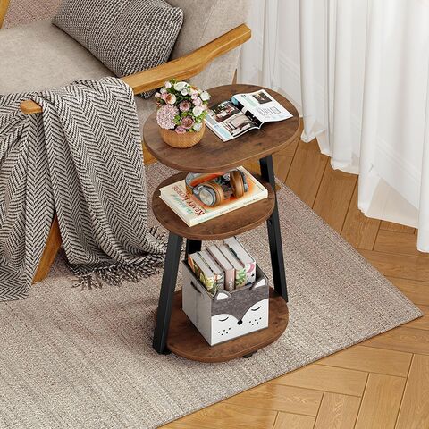 Mesa Auxiliar Retro Marrón de Tres Niveles con Estructura Metálica y Tablero de Madera. Mesa de Centro Pequeña. Ideal para Salón y Dormitorio.