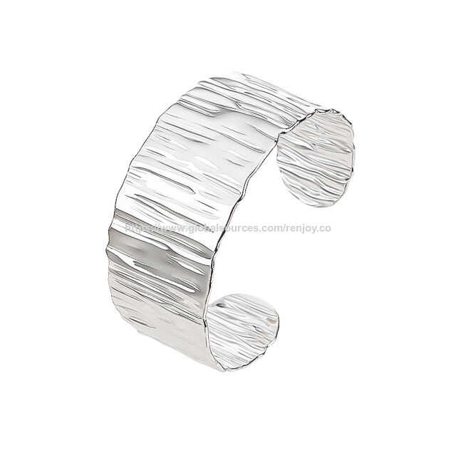 Pulseira bracelete larga prateada com ranhuras para mulheres, pulseira punk brilhante de aço inoxidável para mulheres