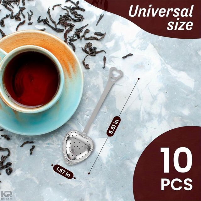 Ensemble de 10 cuillères à filtre à thé en acier inoxydable en forme de cœur - Cuillères à filtre à mailles fines pour thé en feuilles, parfaites pour les fêtes de thé et les cadeaux en gros