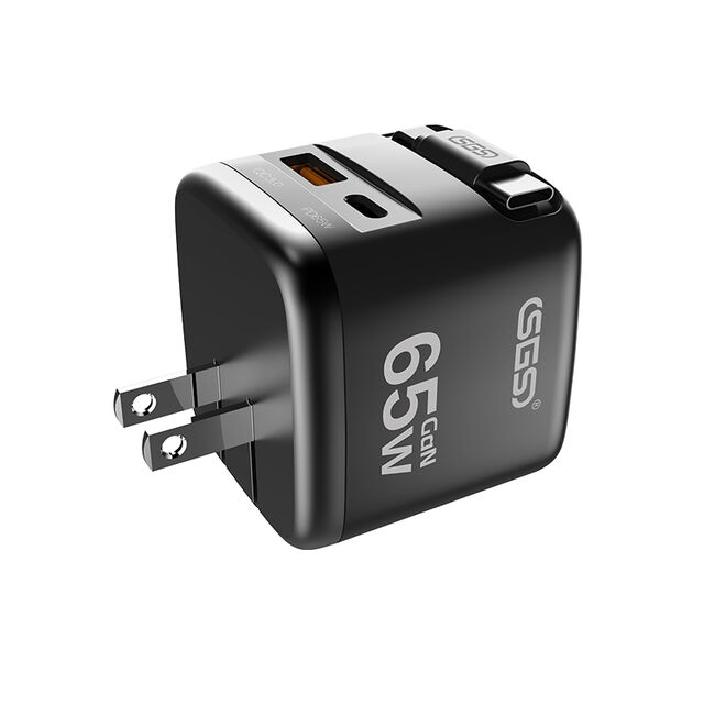 65W 3-in-1 tragbares Handy-Ladegerät mit integriertem Typ-C-Kabel für iPhone - Schnell und effizient laden
