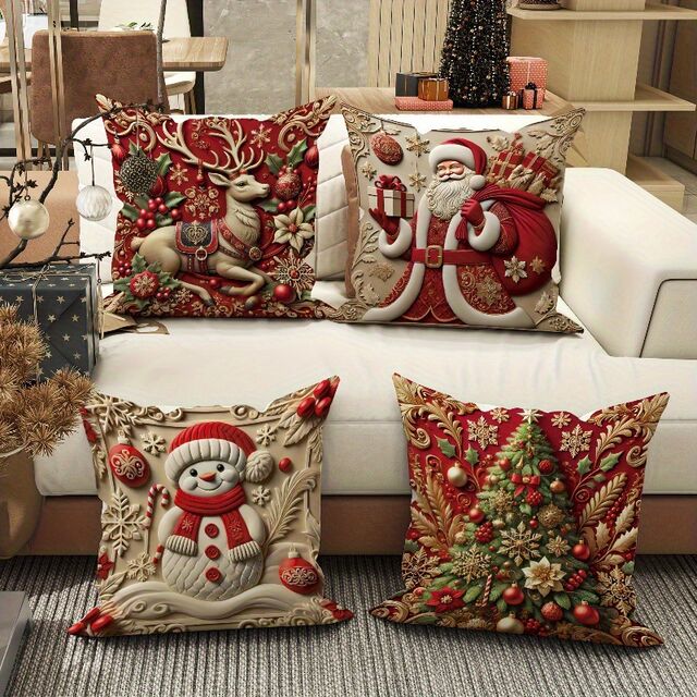 Funda de Almohada Navideña de Papá Noel, Muñeco de Nieve y Alce, Ideal para Decoración Navideña de Invierno en Salón, Sofá o Dormitorio