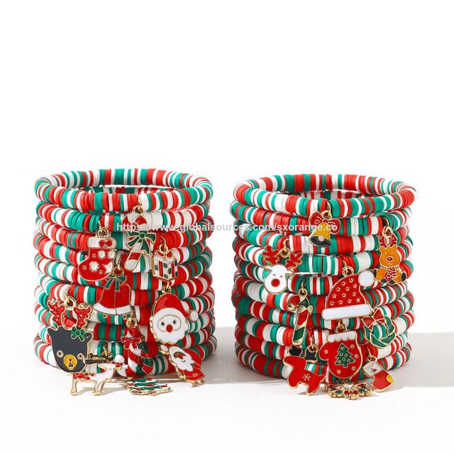 Pulseras de Cuentas de la Amistad OEM para Adolescentes, Pulseras Elásticas Preppy, Pulseras Apilables de Arcilla Polimérica, Joyería Navideña