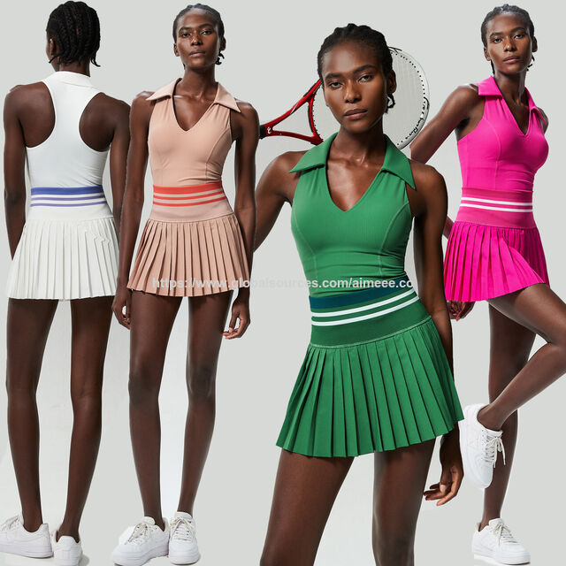 Ropa deportiva de tenis con cuello en V, Top corto de yoga y conjuntos de falda de tenis de cintura alta con bloques de color