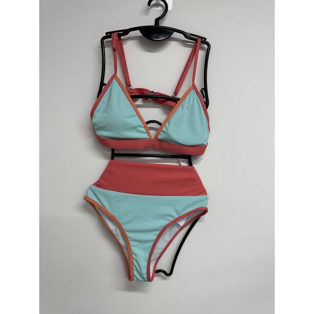 Traje de Baño Verde Menta Nuevo 2025 con Borde Rojo Anaranjado, Traje de Baño Entero Color Block, Cintura Alta Adelgazante para Vacaciones en la Playa