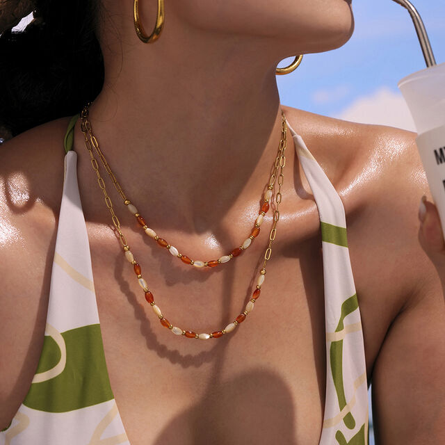 SISSLIA Vintage Agate Natural Stone Beaded Necklace Bracelet Sets for Women Ins Popular Stainless Steel Gold Plated Jewelry Set