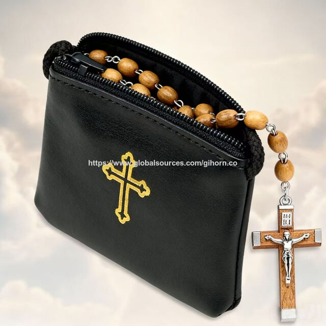 Étui à Chapelet avec Fermeture Éclair et Chapelet Catholique pour Femme, Étui en Cuir avec Croix Dorée Imprimée