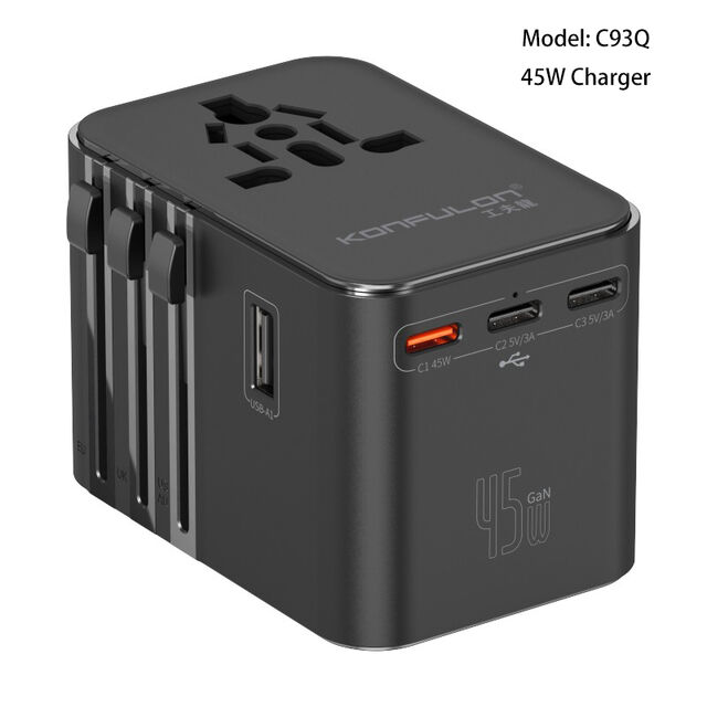 شاحن عالمي سريع الشحن PD45W محمول من KONFULON يدعم مقابس US و UK و EU و AU للسفر
