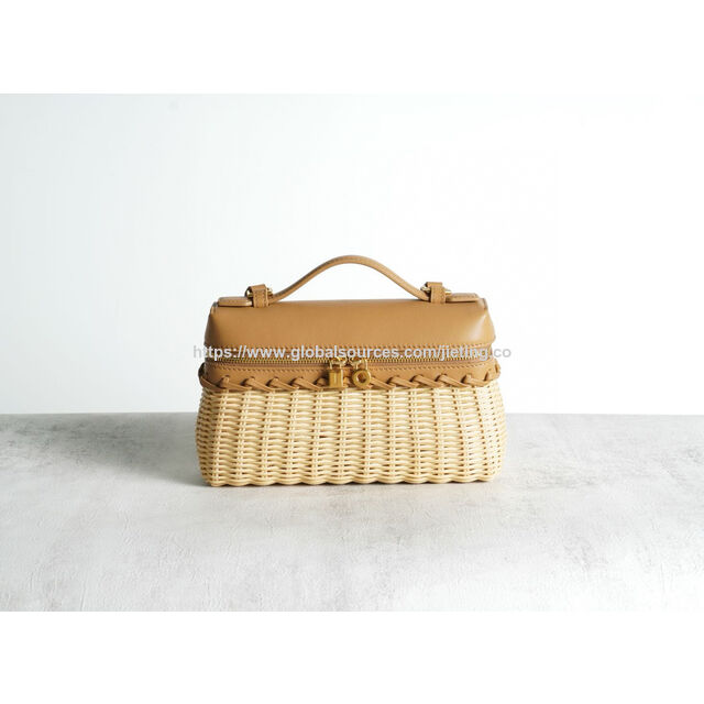 Factory supply woven bag trimmed with genuine leather