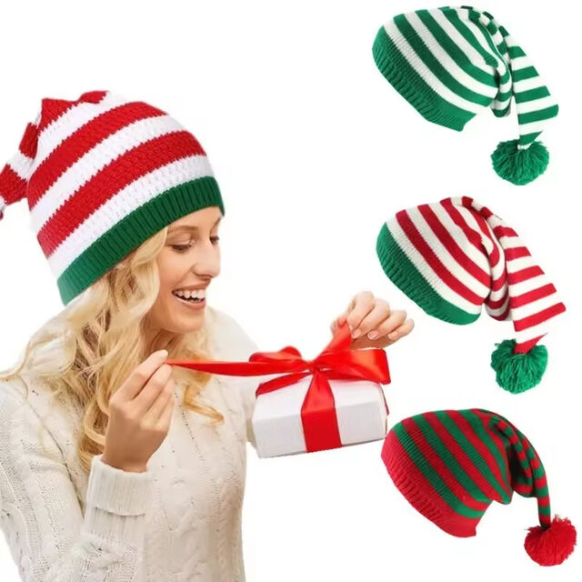 Gorro Navideño de Punto para Adultos, Gorro de Elfo, Gorros de Papá Noel, Gorro de Ganchillo de Punto a Rayas Rojas y Verdes de Papá Noel con Pompones for sale at factory direct price