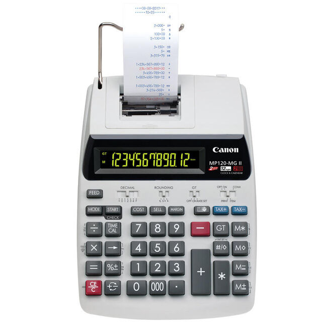 MP120-MGII Grande calculatrice de bureau à brancher avec double affichage LCD 12 chiffres, impression couleur et petit rouleau de papier test