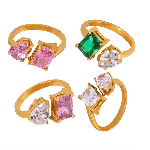 Minimalistischer Ring mit farbigem Zirkon, leichter Luxus, offener Ring aus Edelstahl, vergoldet, kreativ, vielseitig