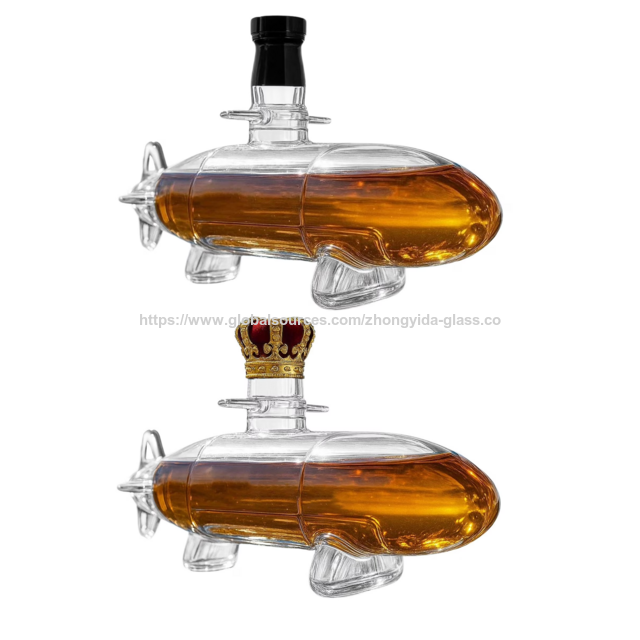 Decanter Wiski Kaca Borosilikat Tinggi Bentuk Kapal Selam Harga Rendah, Stopper Mahkota Bertema Angkatan Laut Kreatif, Kapasitas 300ml, Buatan Tangan for sale at factory direct price