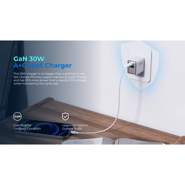 Chargeur mural GaN PD 30W, bloc de charge rapide USB C à double port, prise pliable pour téléphones intelligents et autres appareils - utilisation intérieure et extérieure