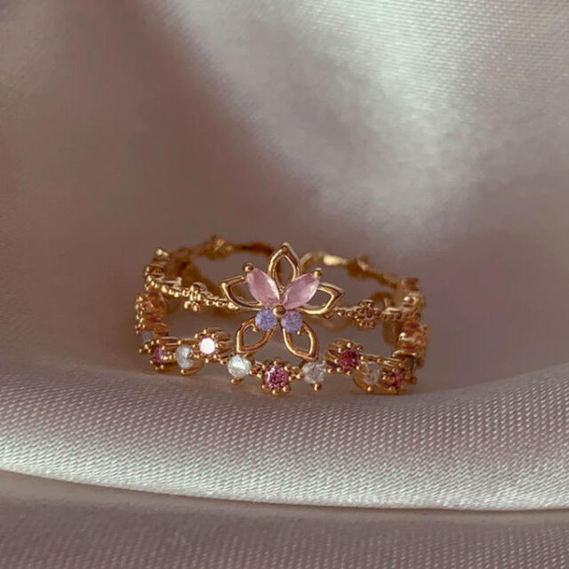 DAIHE Blumenring für Damen, Süße Mädchen, Exquisiter, glänzender Strass, Bunter Strass, Dreidimensionaler, quadratischer, breiter Ring