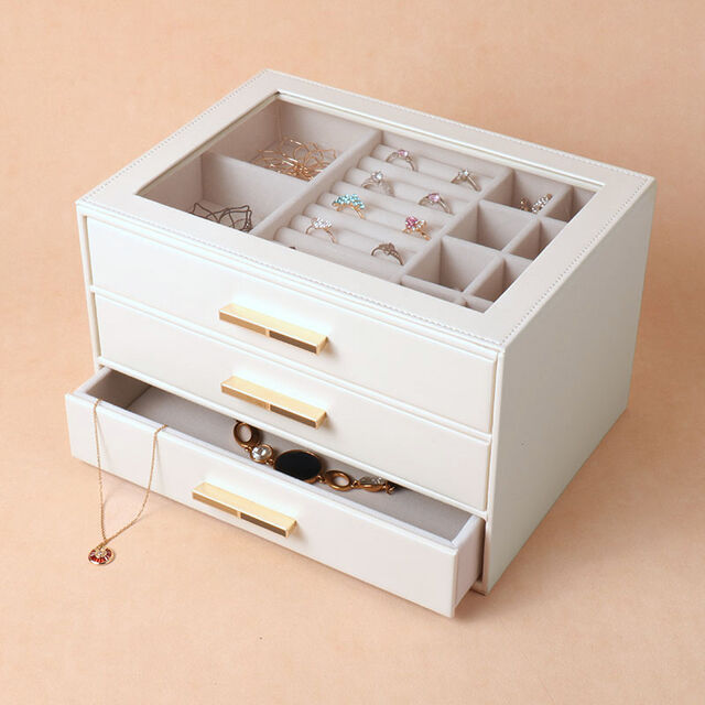 Dreischichtige Schmuckschatulle aus PU mit Schublade und Glasdachfenster, Aufbewahrungsbox für Halsketten, Ohrstecker, Ohrringe, Schmuckschatulle, leichter Luxus-Stil