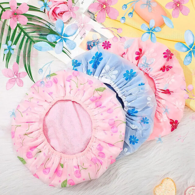 Bonnet de douche personnalisé en tissu éponge, bonnets de douche double couche avec tissu éponge - Bonnets de douche de haute qualité en gros