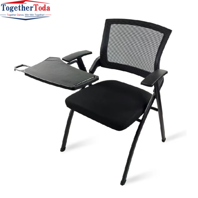 Chaise de bureau pliante avec cadre en acier, maille respirante et tablette d'écriture amovible, noire, ergonomique, pour réunions et formations for sale at factory direct price