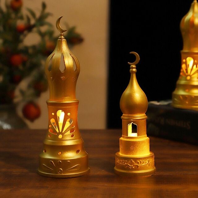 Wholesale Custom Ramadan Eid Decorations Gold Minaret Candle Holder LED Night Light for sale at factory direct price